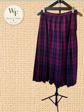 Vintage Pendleton Petite 6 Pink Black Plaid Pleated Virgin Wool Midi Skirt